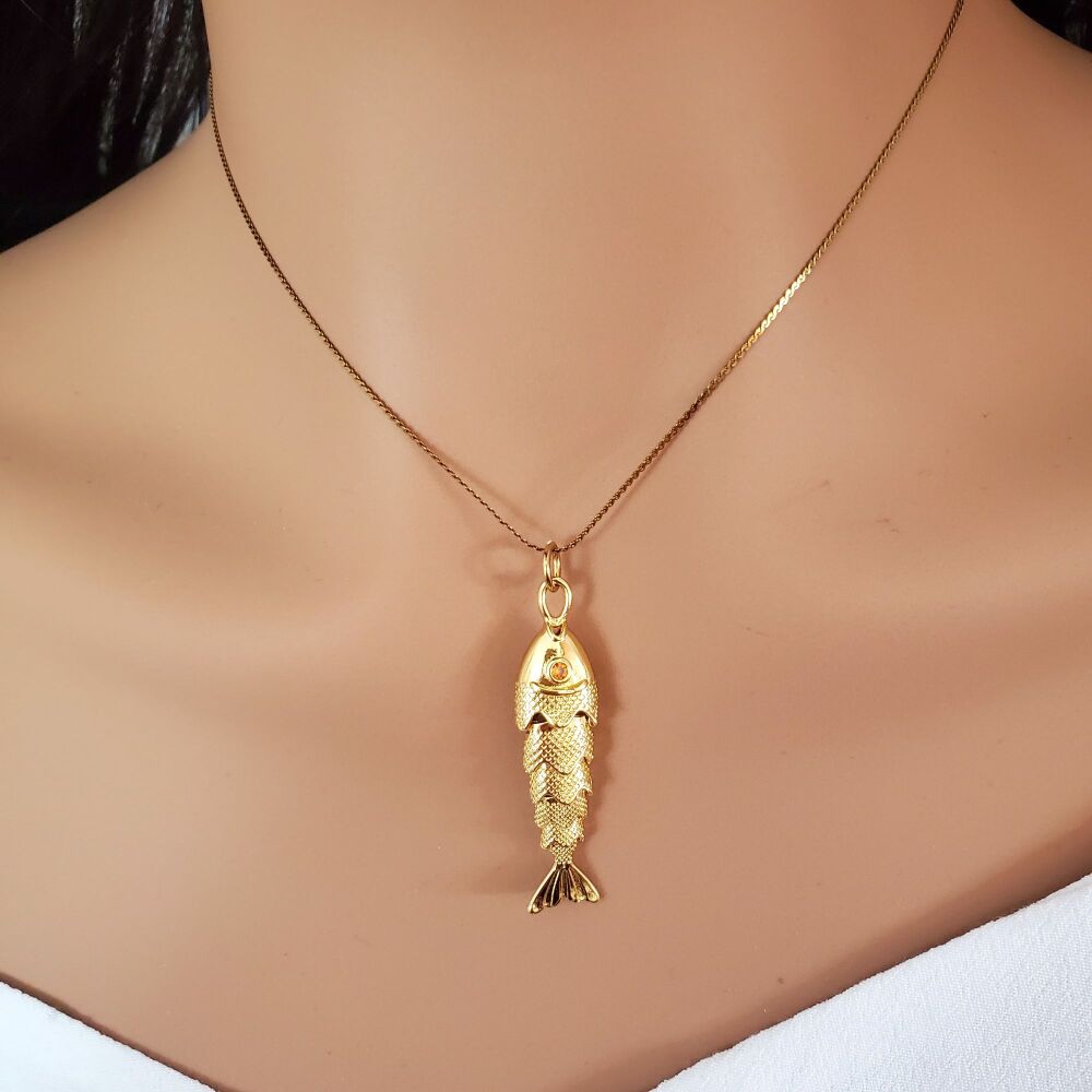 Gold Articulated Fish Necklace: Small or Large fish Pendant with Serpentine Chain