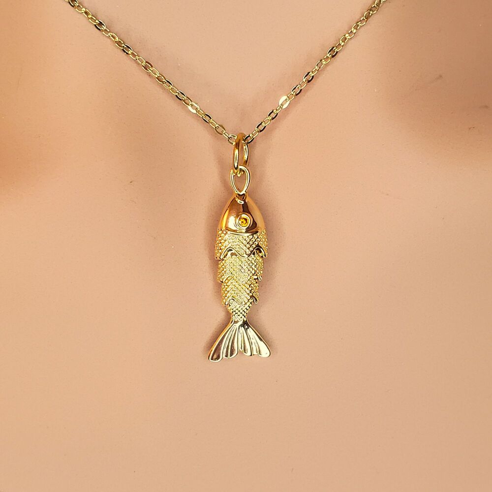 Gold Articulated Fish Necklace: Small or Large fish Pendant with Cable Chain
