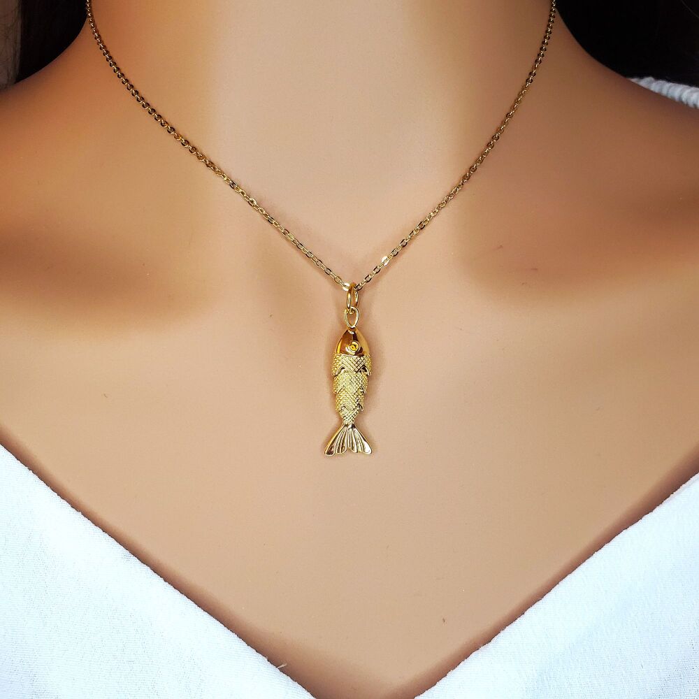 Gold Articulated Fish Necklace: Small or Large fish Pendant with Cable Chain