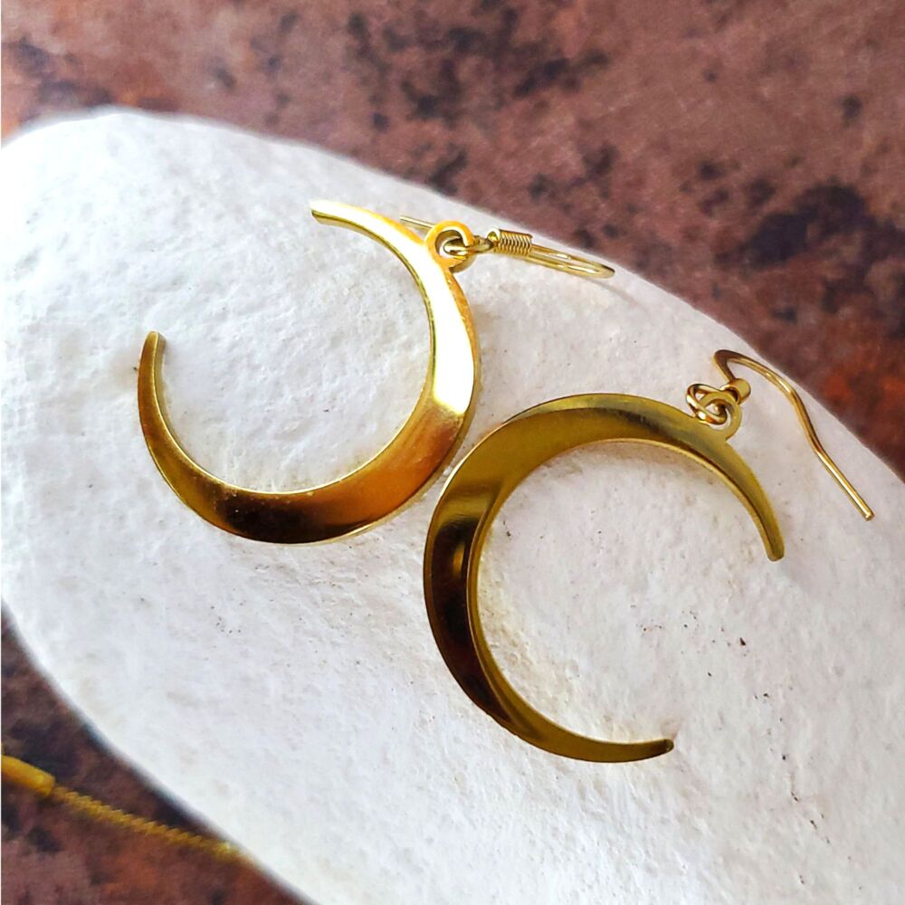 Crescent Moon Earrings Gold Celestial Statement Eye Catching Anti tarnish Gift Xmas