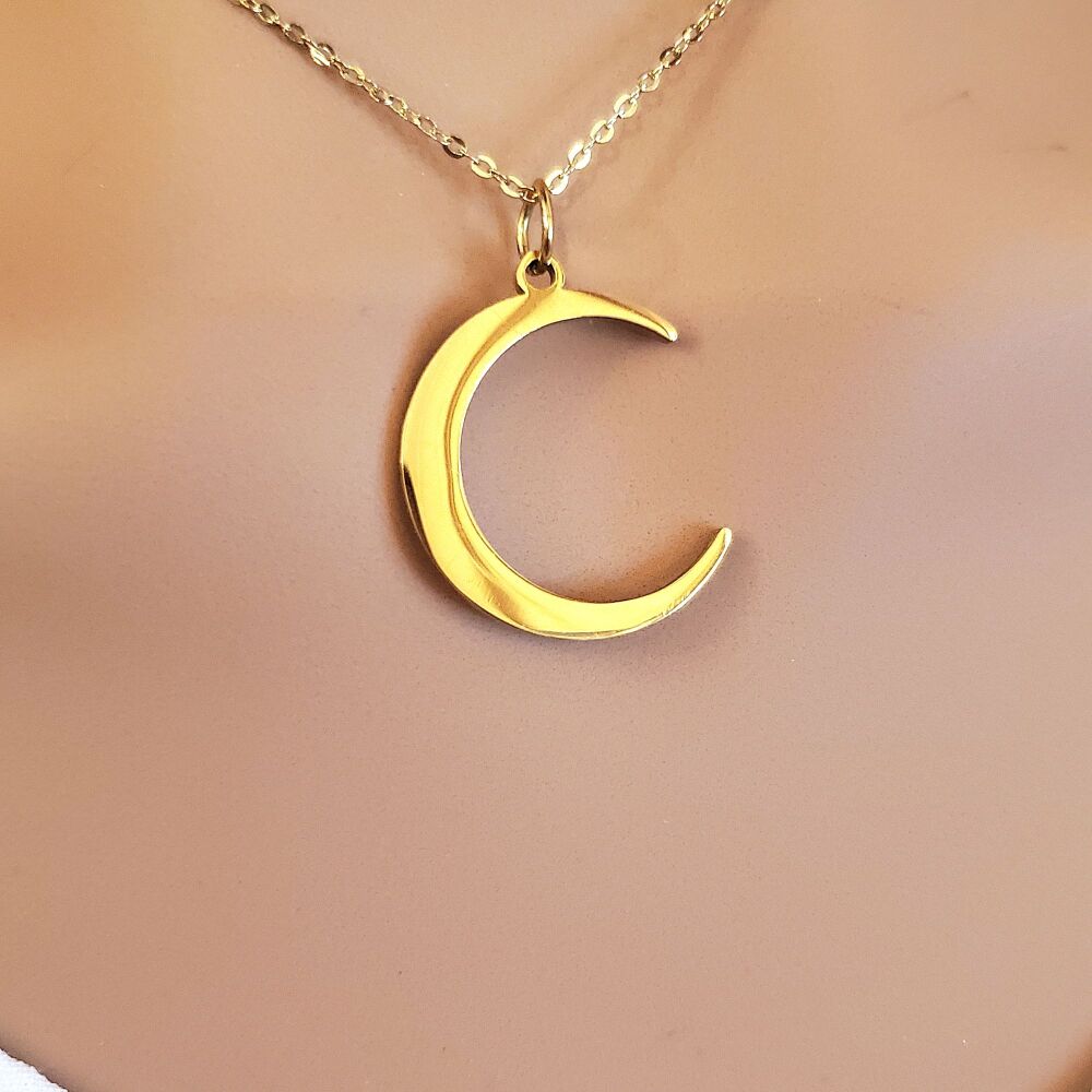 Crescent Moon Necklace Gold Celestial Statement Cable Chain Eye Catching Anti tarnish Gift Xmas