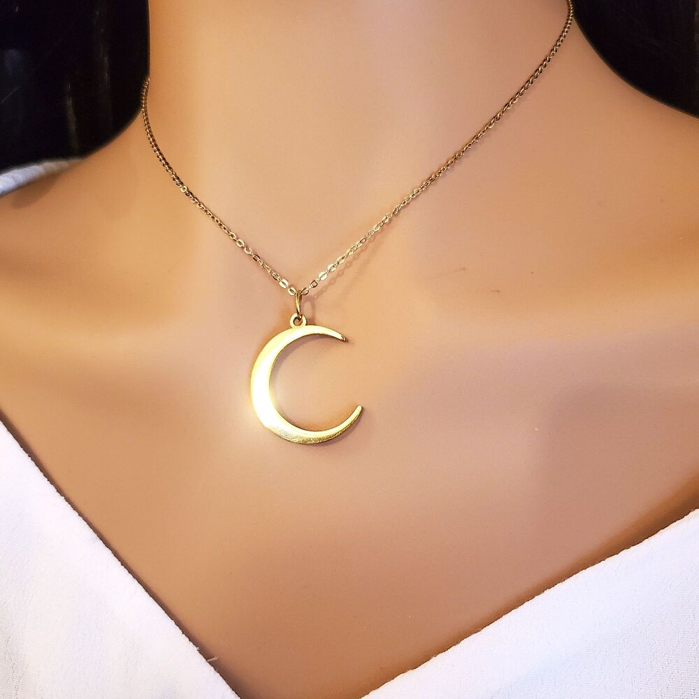 Crescent Moon Necklace Gold Celestial Statement Cable Chain Eye Catching Anti tarnish Gift Xmas