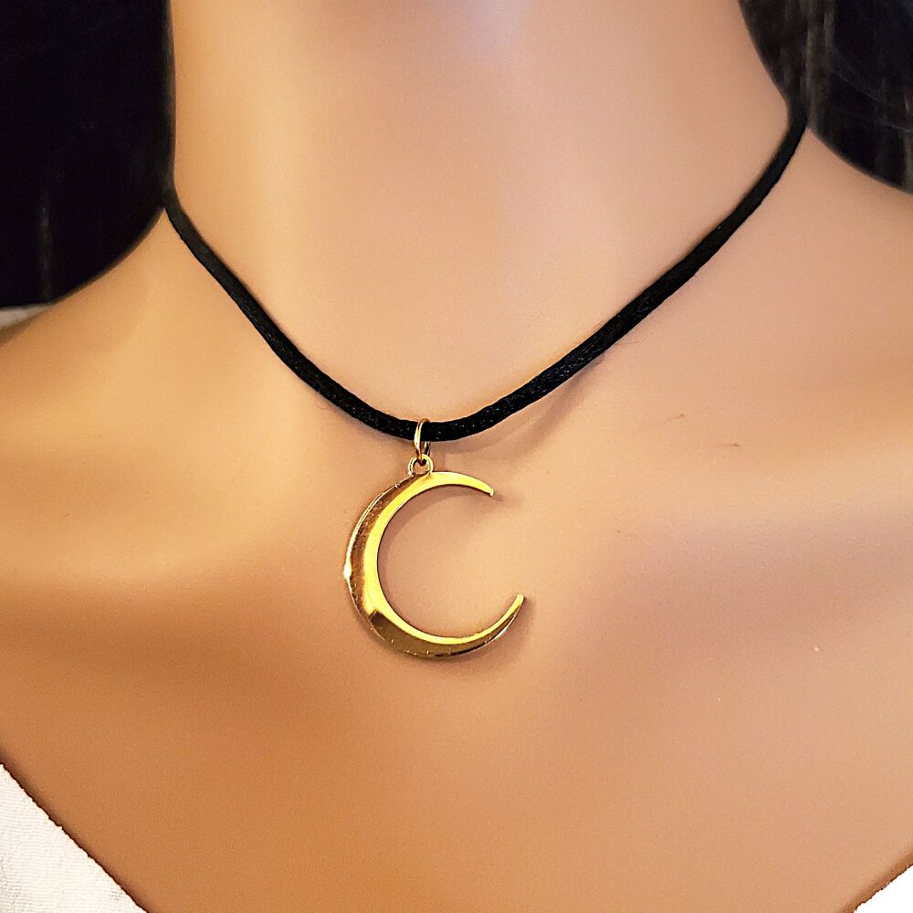 Crescent Moon Necklace Gold Celestial Statement Black Satin Cord Chain Eye Catching Anti tarnish Gift Xmas