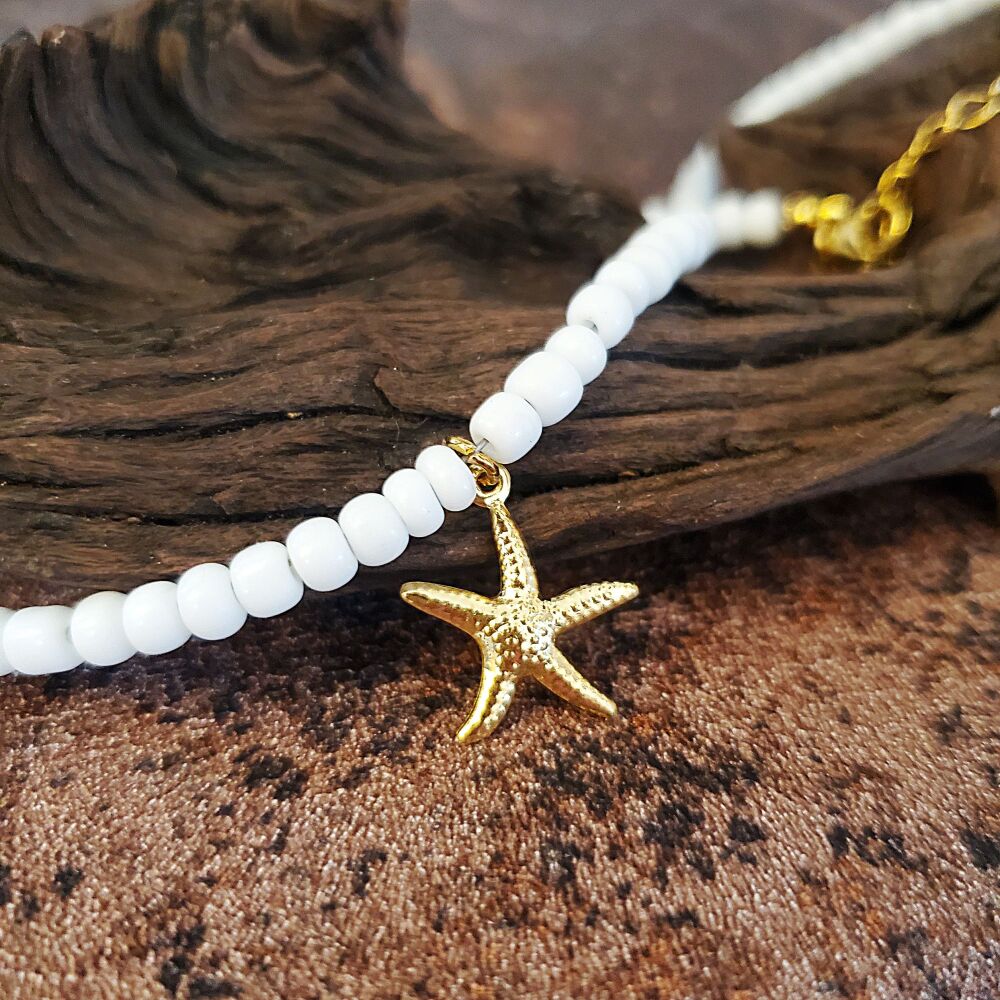 Starfish Necklace Gold Sea Beach Statement White Beaded Chain Xmas Gift