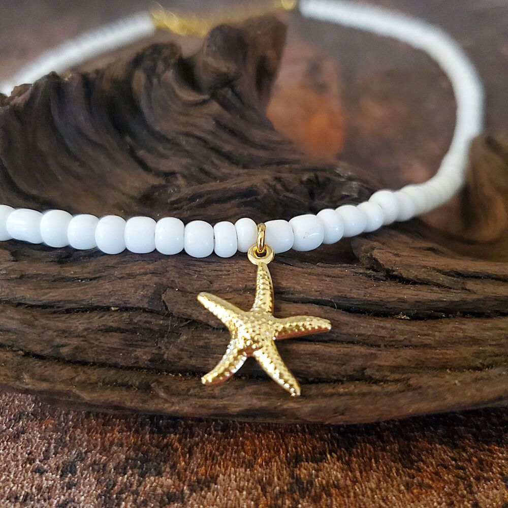 Starfish Necklace Gold Sea Beach Statement White Beaded Chain Xmas Gift