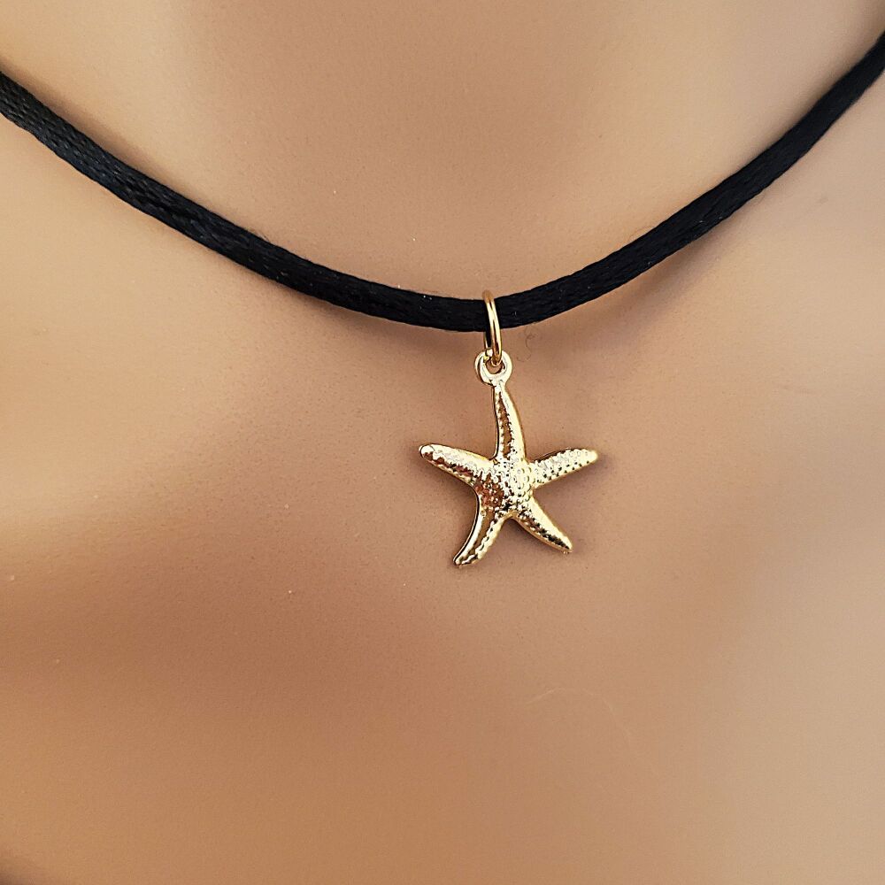 Starfish Necklace Gold Sea Beach Statement Black Satin Chain Xmas Gift