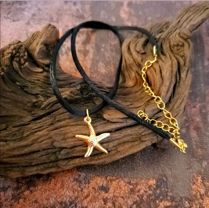 Starfish Necklace Gold Sea Beach Statement Black Satin Chain Xmas Gift