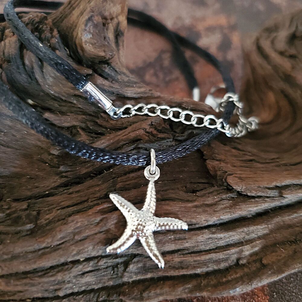 Starfish Necklace Silver Sea Beach Statement Black Satin Chain Xmas Gift