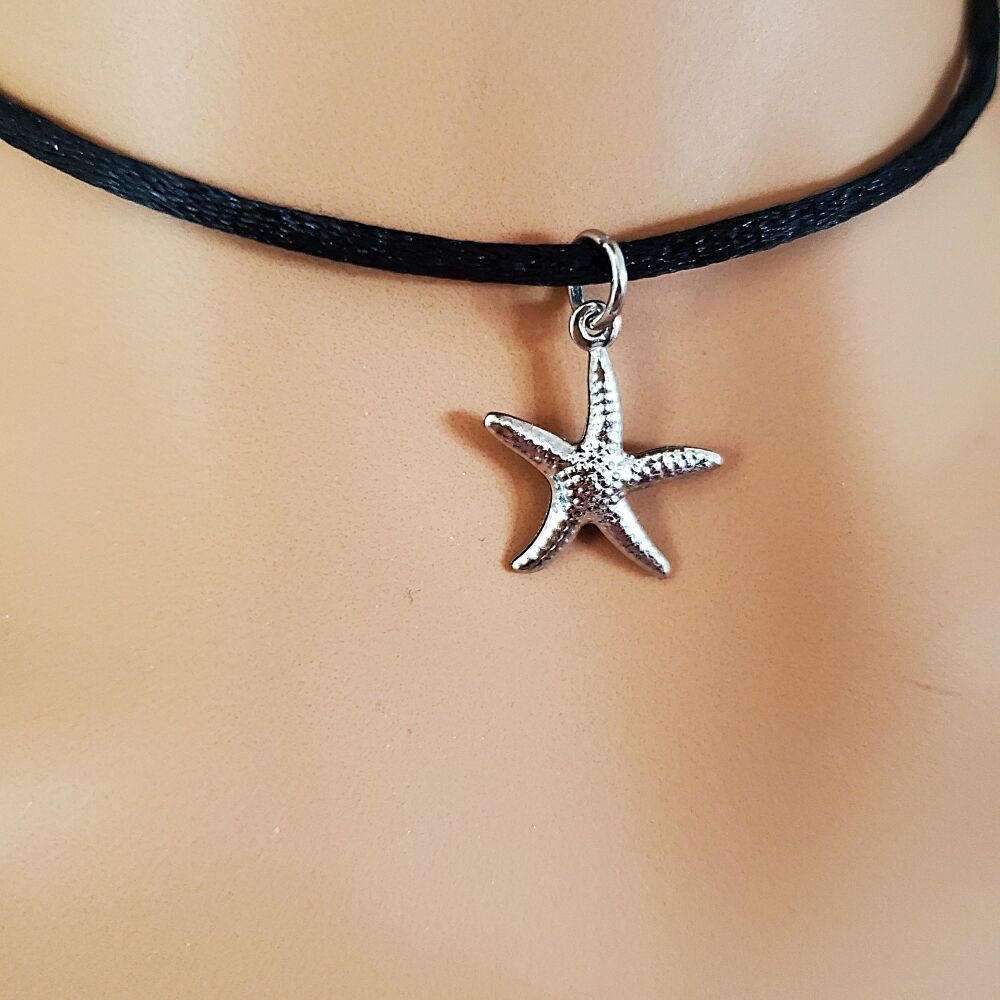 Starfish Necklace Silver Sea Beach Statement Black Satin Chain Xmas Gift