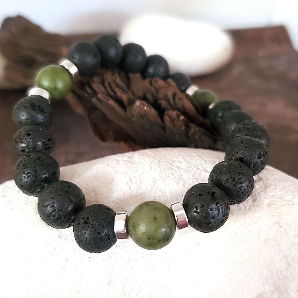 Mens Fashion Lava rock bracelet, jade accents, all sizes, volcanic, boho black, gift