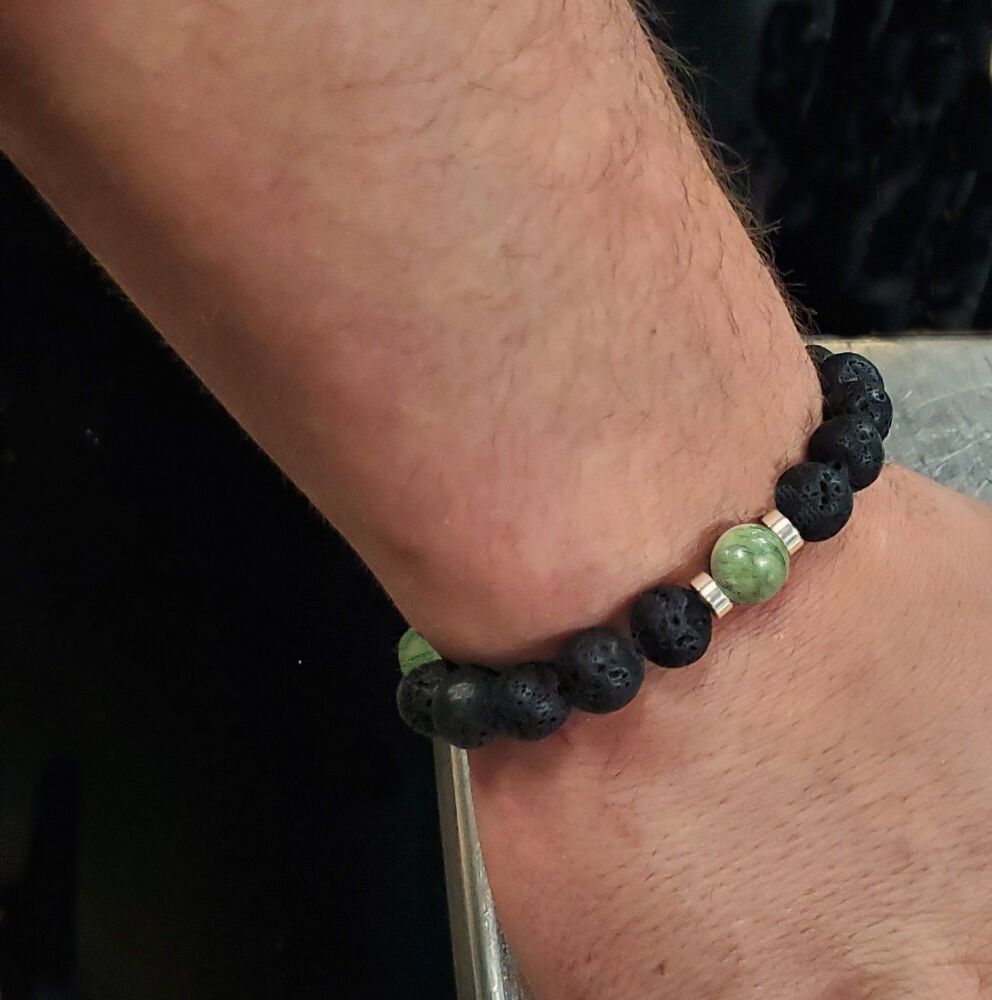 Mens Fashion Lava rock bracelet, jade accents, all sizes, volcanic, boho black, gift
