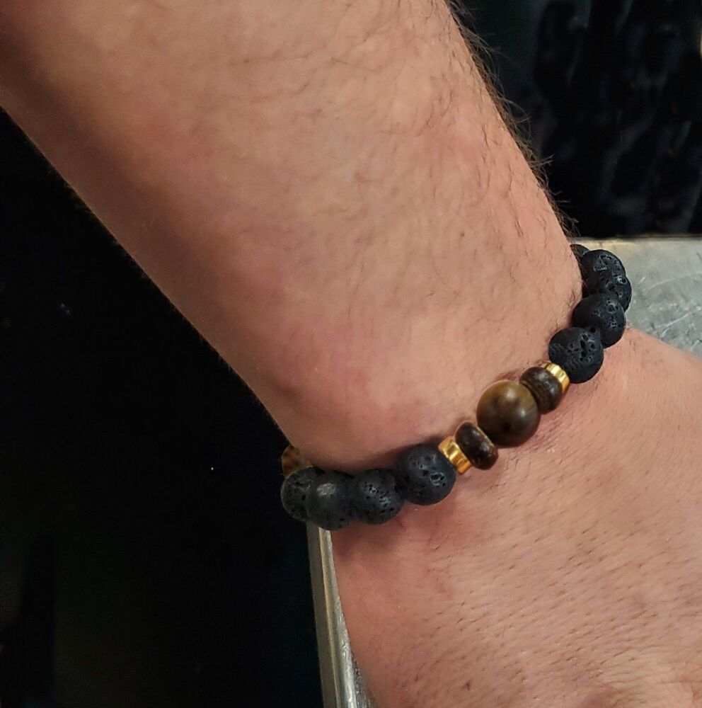 Mens Fashion Lava rock bracelet, tigers eye accents, all sizes, volcanic, boho black, gift