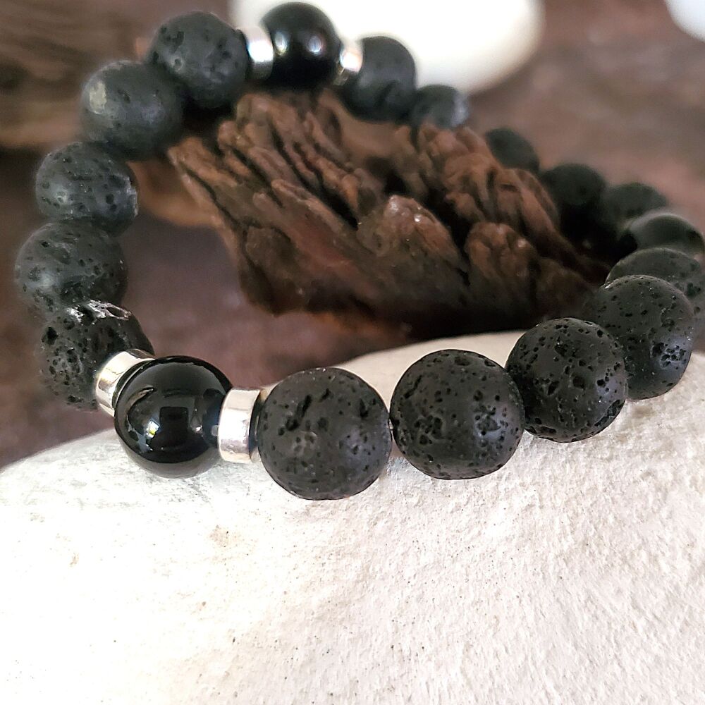 Mens Fashion Lava rock bracelet, onyx accents, all sizes, volcanic, boho black, gift