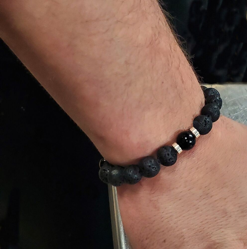 Mens Fashion Lava rock bracelet, onyx accents, all sizes, volcanic, boho black, gift