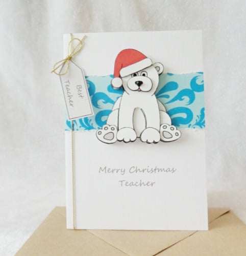A6 Teacher Christmas Polar Bear with Santa hat