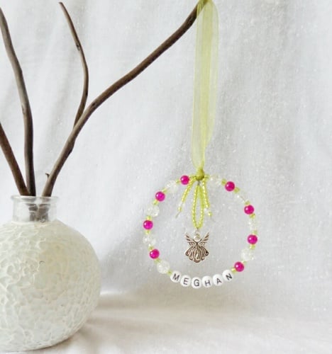 Personalised Christmas Tree Decoration - Pink & Green with Angel