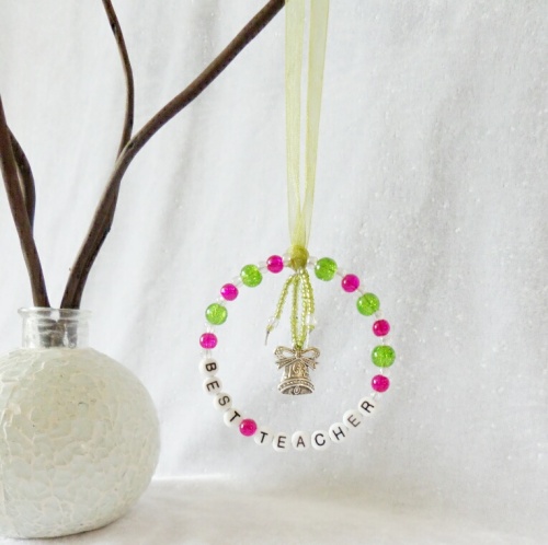 Best Teacher Christmas Tree Decoration - Pink, Green & Clear with Bell