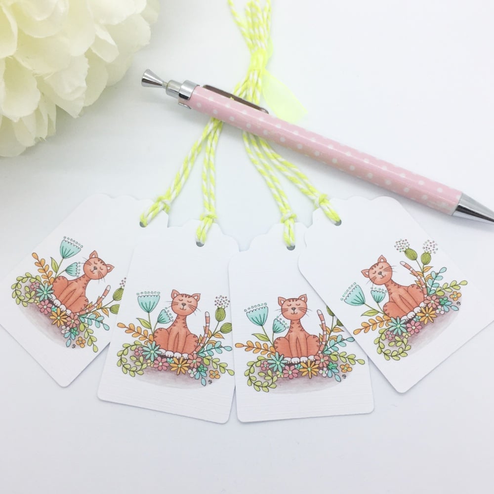 Floral Cat Gift Tags - set of 4 tags