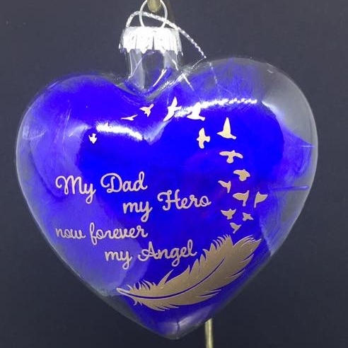 My Dad, my Hero with Feather Heart Shape 9cm glass Bauble