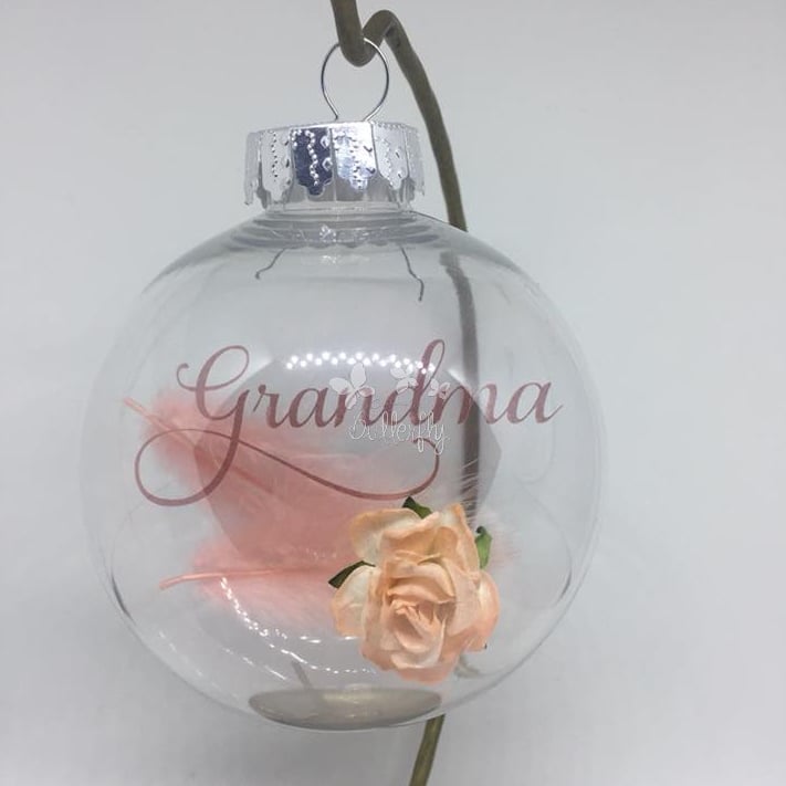 Grandma, Peach Rose with Feathers Bauble - 6.5cm shatterproof bauble
