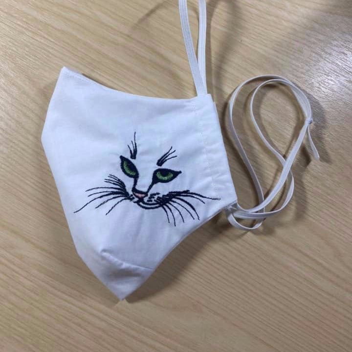 Embroidered Cat on white Batwing Face Covering