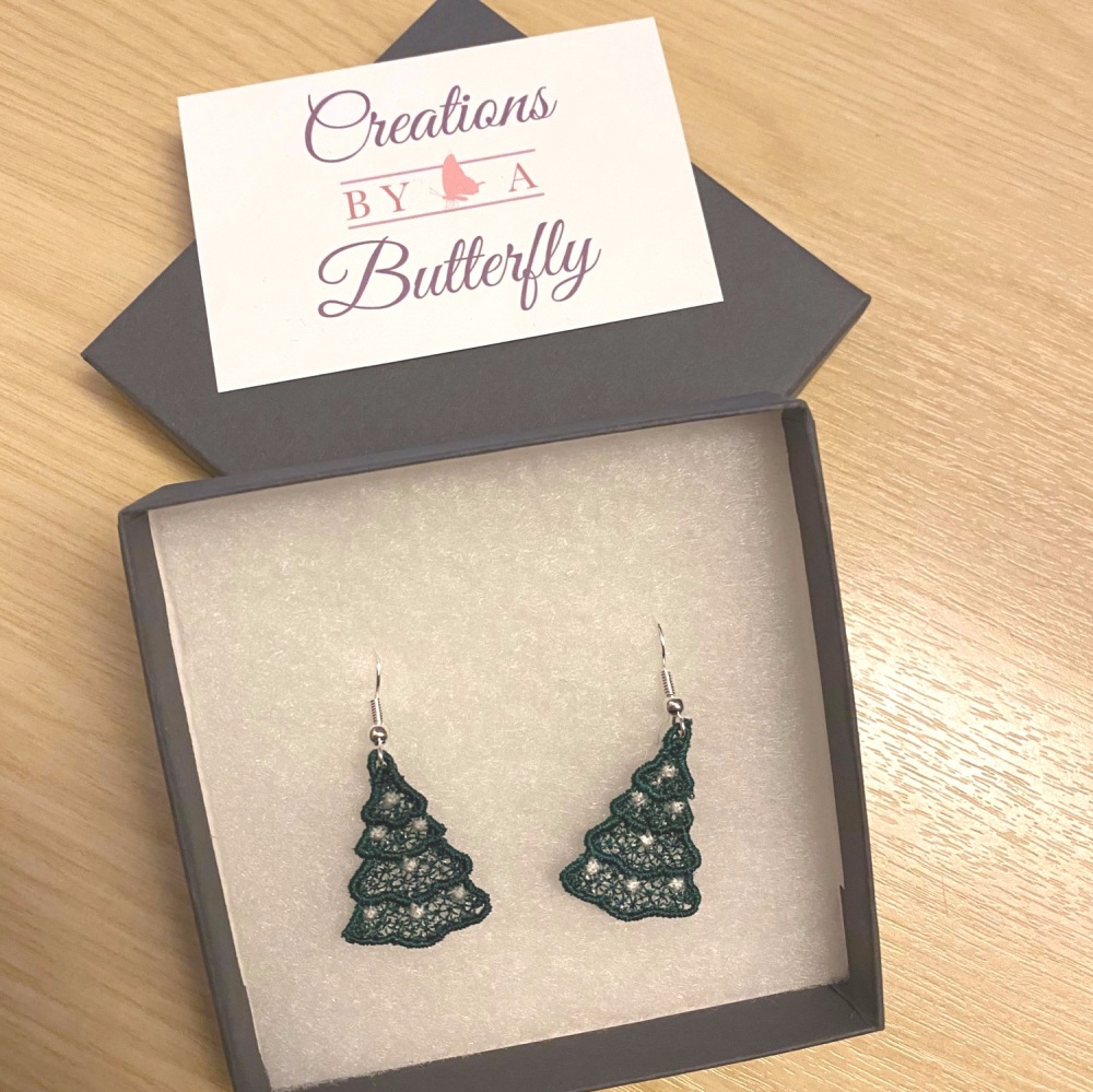 FSL Embroidered Christmas Tree Earrings