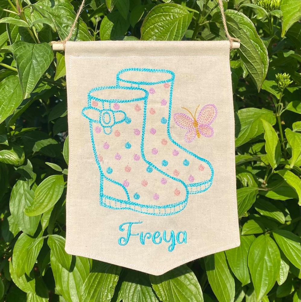 Butterfly and Wellington Boots Personalised Pennant