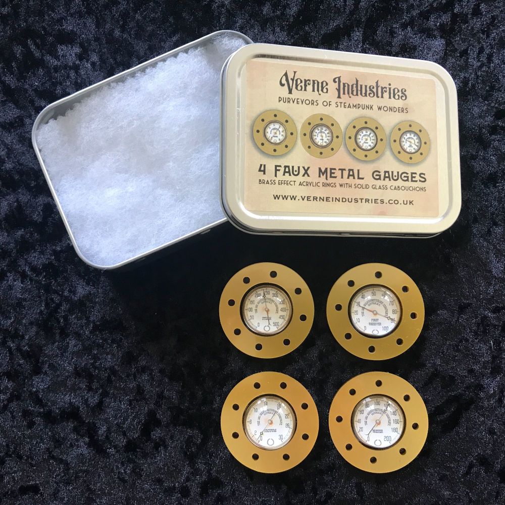 4 Brass Effect Gauges in Tin Box