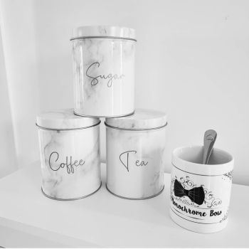 Set of 3 Marble Canisters for Tea, Coffee and Sugar 