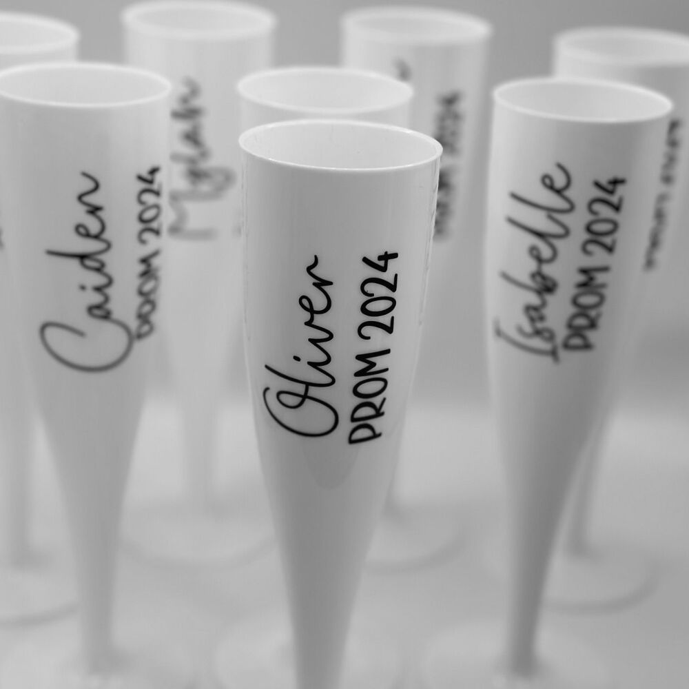 Personalised Prom White Plastic Flute Glass