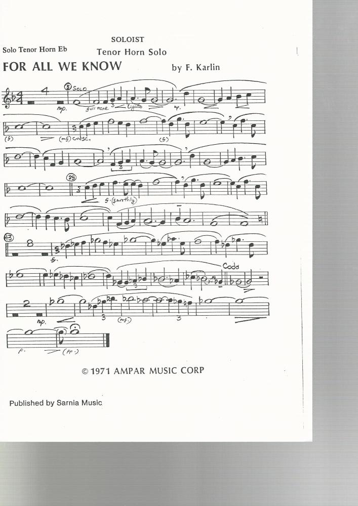 For All We Know, Tenor Horn Solo for 10-piece brass - F. Karlin arr. Denzil Stephens