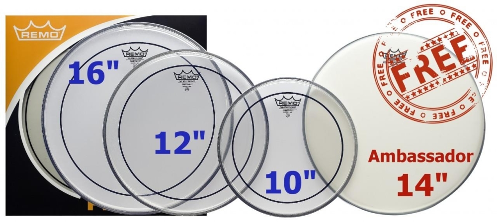 Remo Pro Pack (10", 12", 16" Pinstripe clear + free 14" Ambassador coated)