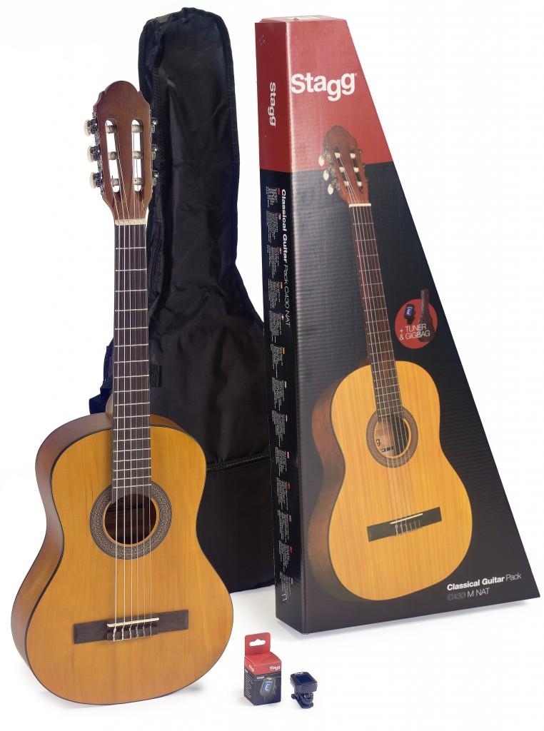 Stagg Guitar pack with 3/4 natural-coloured classical guitar with linden top, tuner, bag and colour box