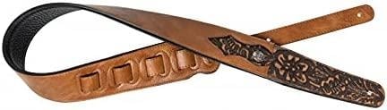 Stagg Honey-coloured padded leather guitar strap with engraved flower pattern