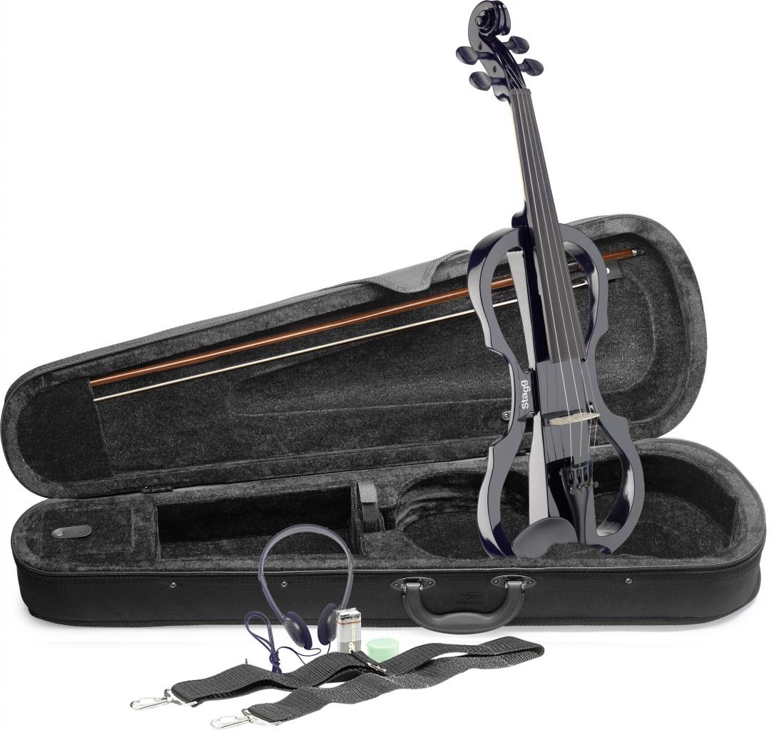 Stagg 4/4 electric violin set with black electric violin, soft case and headphones