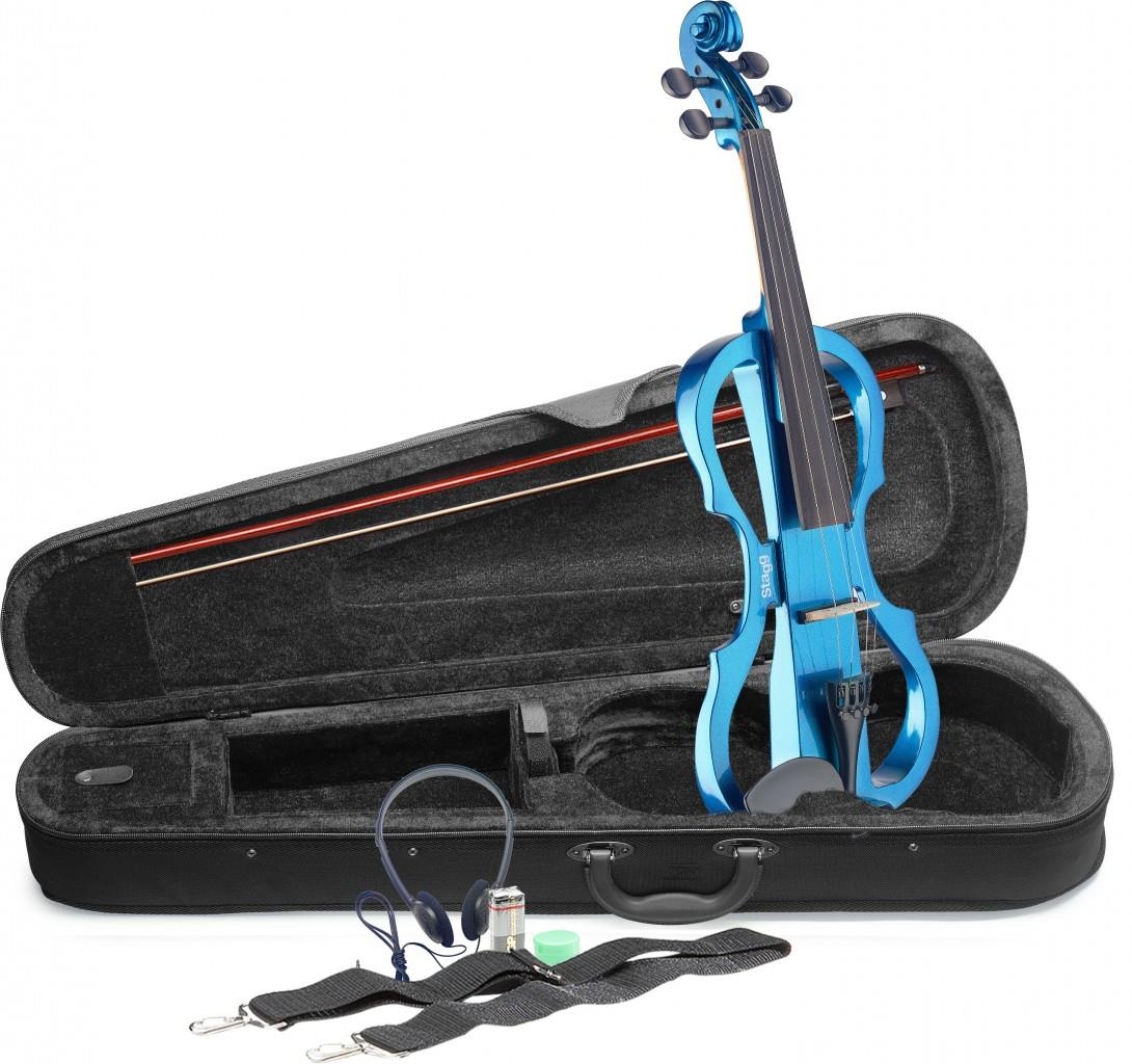 Stagg 4/4 electric violin set with metallic blue electric violin, soft case and headphones