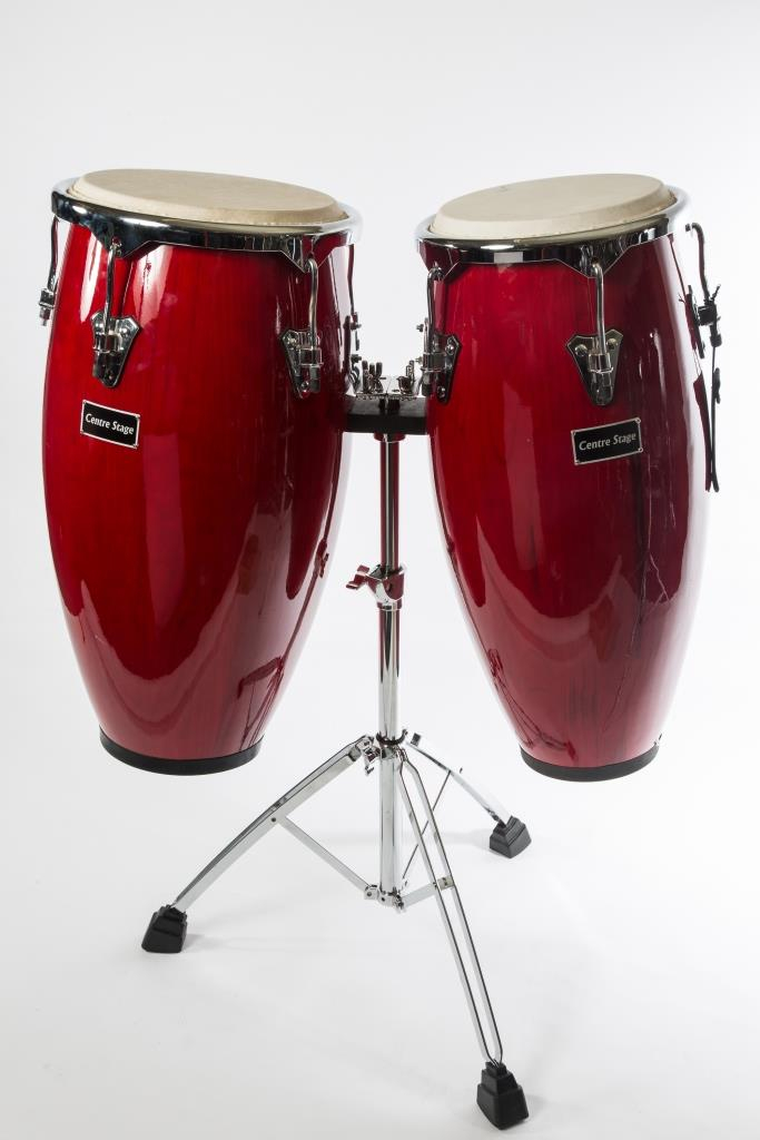 Centre Stage Congas with High Grade Chrome Stand with bags - Colour Red Wine