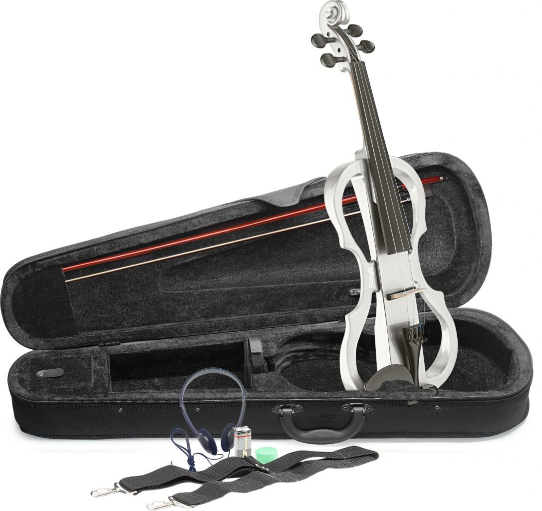 Stagg 4/4 electric violin set with white electric violin, soft case and headphones