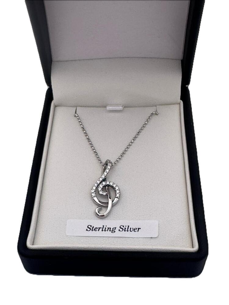 Necklace Sterling Silver Treble Clef with Stones