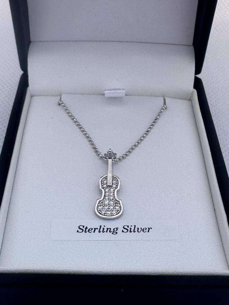 Necklace Sterling Silver Violin with stones pendant