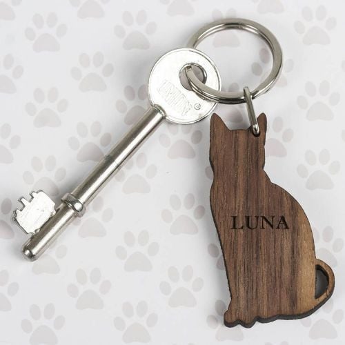 keyring cat walnut wood personalised