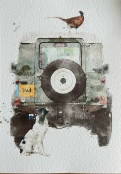 "Hide & Seek"- Dad, Black & White Spaniel, Pheasant and Land Rover Print