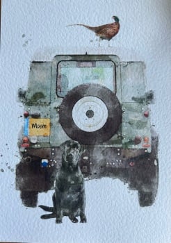"Hide & Seek"- Mum, Labrador, Pheasant and Green Land Rover Print