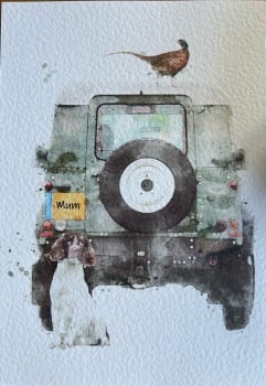 "Hide & Seek"- Mum, Liver & White Spaniel, Pheasant and Land Rover Print