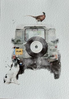 "Hide & Seek"- Mum, Black & White Spaniel, Pheasant and Land Rover Print