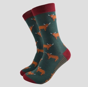 Men's Highland Cow Red/Green Bamboo Socks