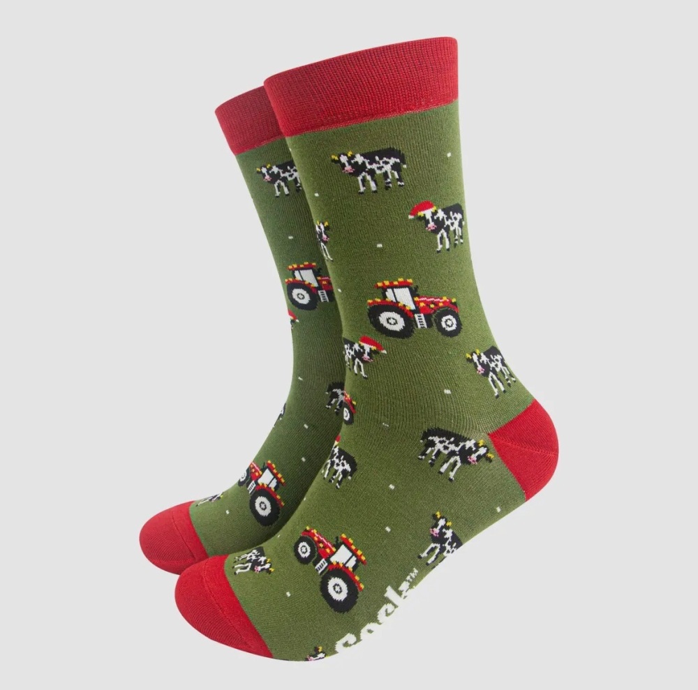 Men's Cow and Tractor Christmas Bamboo Socks