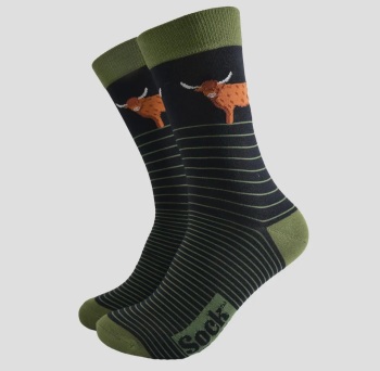 Men's Highland Cow Black/Green Stripe Bamboo Socks