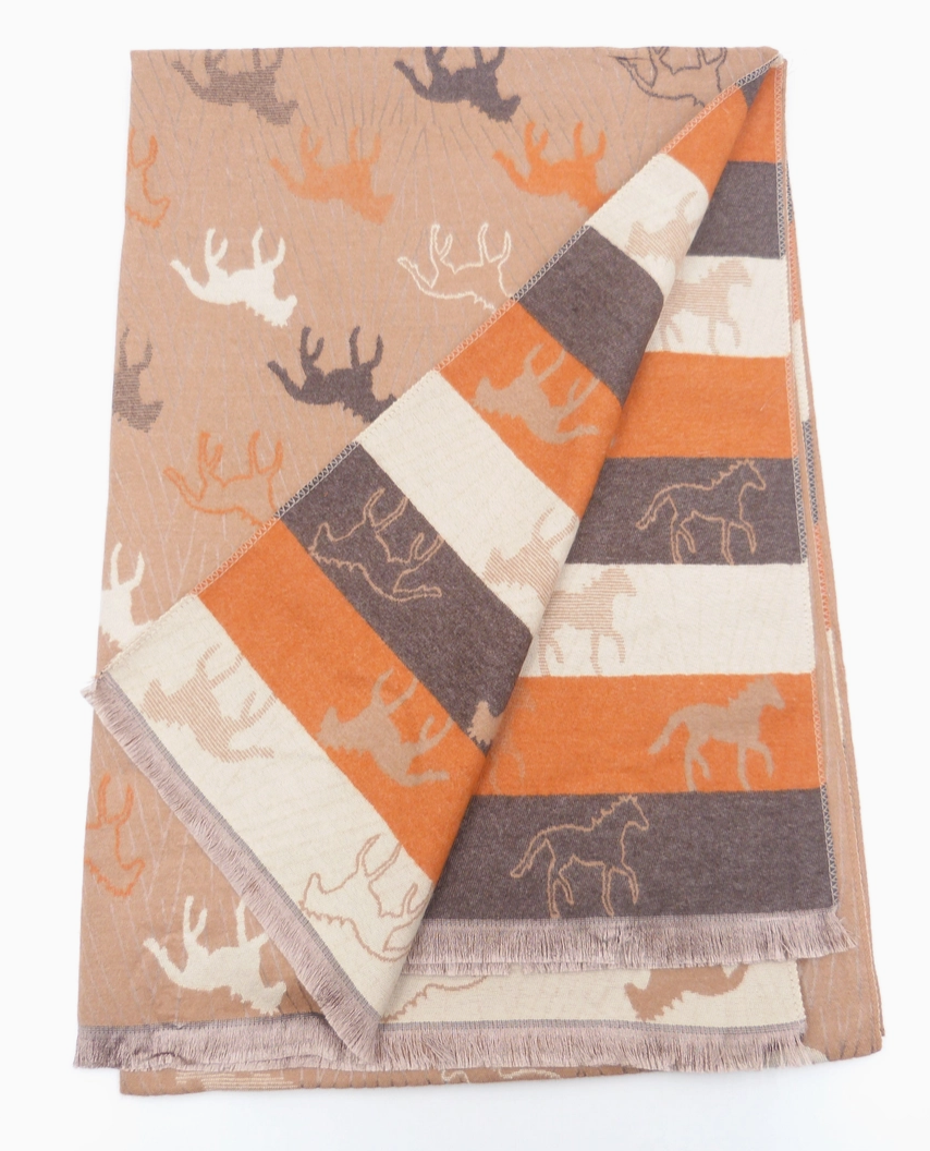 Horses Reversible Cashmere Feel Wrap- Khaki