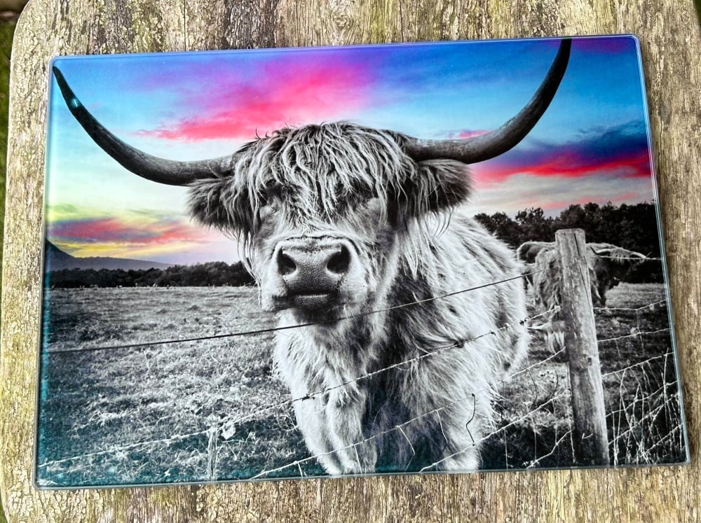 Red Sky Highland Cow Glass Chopping Board/Worktop Saver